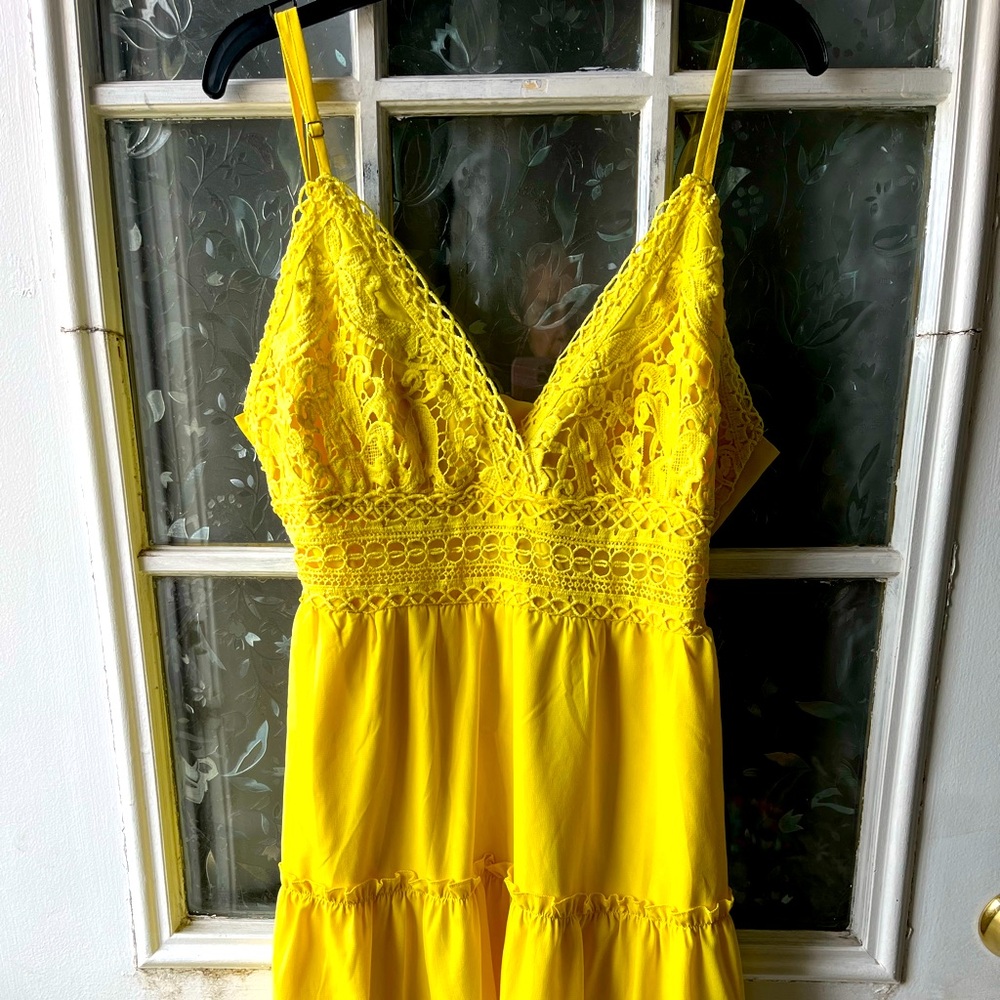 Ecowish Mini Dress Adjustable Spaghetti Straps Yellow Lace Bodice Sz L
